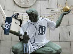 The famous Spirit of Detroit statue which has set outside the City-County Building on Woodward Avenue since 1958.