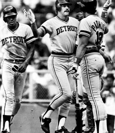 Lou Whitaker, Kirk Gibson, and Lance Parrish celebrate after Gibsob hit a two-run homer in a game in April of 1984.