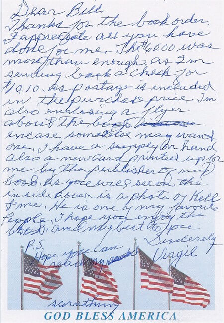 A handwritten letter sent by Virgil Trucks to the author. 