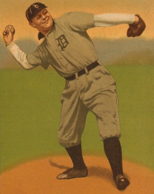 An illustrated trading card from the American Tobacco Company from 1911 depicts Detroit pitcher George Mullin.