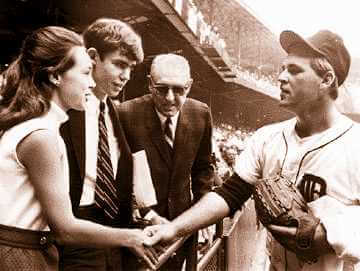 John Fetzer (center) orchestrates a meeting between First Daughter Julie Nixon, David Eisenhower, and pitcher Denny McLain in 1968 at Tiger Stadium.