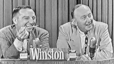 Garry Moore, the host of "I've Got a Secret," with Ty Cobb during the latter's appearance on the popular game show.