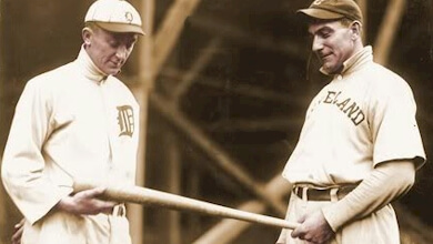 Ty Cobb and Napoleon Lajoie compare bats during the early part of Ty's illustrious career.
