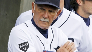 Jim Leyland sports the Sparky Anderson commemorative patch on his right sleeve during the 2011 season.