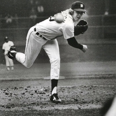Mark Fidrych delivers a pitch at Tiger Stadium in 1976.