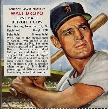 A baseball trading card depicting Walt Dropo from 1953.
