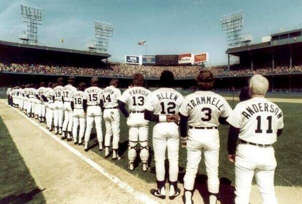The Tigers line up for opening day in 1984.