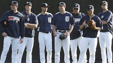 Justin Verlander, Drew Smyly, Rick Porcello, Max Scherzer, pitching coach Jeff Jones, Anibal Sanchez, and Doug Fister together prior to the 2013 ALCS.