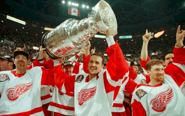 Detroit Red Wings former captain Steve Yzerman's number is hoisted