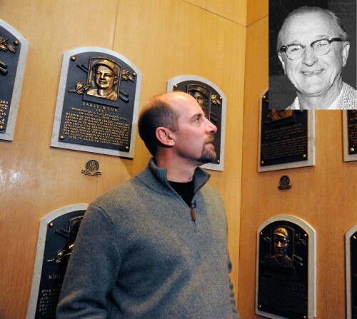 John Smoltz visits the plaque gallery at the National Baseball Hall of Fame in Cooperstown, New York where he will be inducted on July 26, 2015.  The photo at upper right is of his grandfather, "Father John" Smoltz who was his biggest fan and who worked at Tiger Stadium for more than 30 years.
