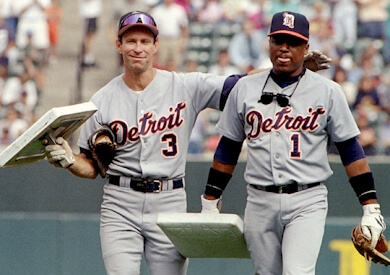 Alan Trammell and Lou Whitaker receive ceremonial bases at a ceremony during the 1995 season.