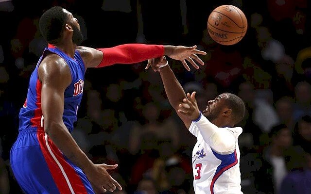 Andre Drummond rejects a shot earlier this season for the Detroit Pistons.