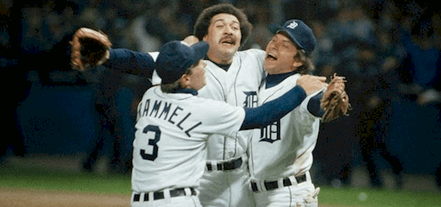 Alan Trammell, Willie Hernandez, and Darrell Evans celebrate after the final out of the 1984 World Series.