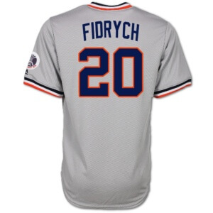 The 1976 Mark Fidrych Detroit Tigers road jersey is colorful and special because it also has the Bicentennial patch on the left sleeve.