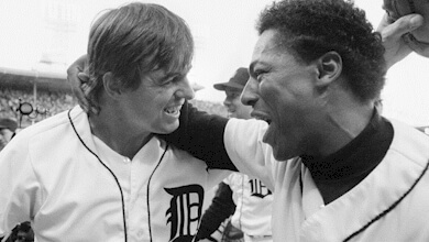 Winning pitcher Frank Tanana is congratulated by teammate Lou Whitaker after the Tigers clinched the AL East on the final day of the 1987 season.