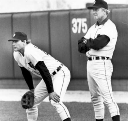 Al Kaline works with Kirk Gibson in the outfield during spring training in Lakeland, circa 1983.