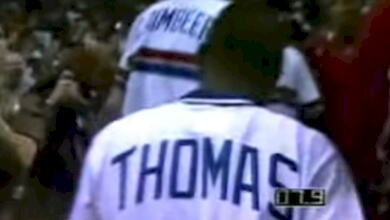 Bill Laimbeer and Isiah Thomas lead the Pistons off the court in Game Four of the 1991 Eastern Conference Finals before time has expired.